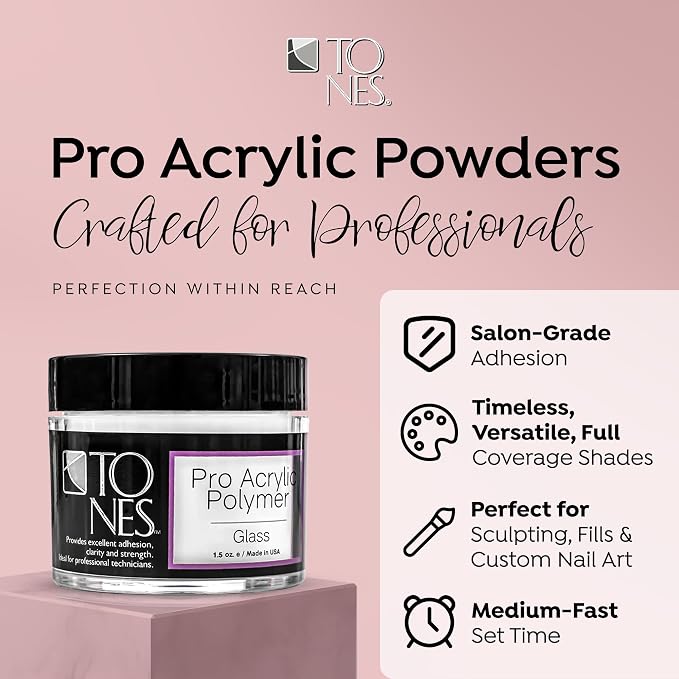 TONES Clear Acrylic Nail Powder – Glass (Crystal Clear) | Non-Yellowing Polymer for Extensions & 3D Nail Art | Professional Sculpting | MMA-Free | Made in USA (1.5 oz)