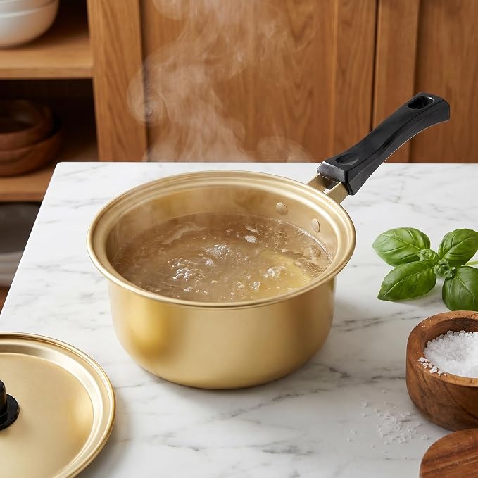 OUNONA 2pcs Gold Korean Ramen Pot Set - Large and Small Aluminum Cooking Pot with Lid - Suitable for Stovetop Noodle Soup Kitchenware