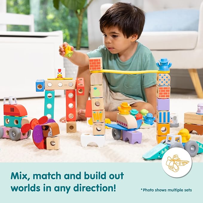 Melissa & Doug Blockables™ Safari Snap and Play, Mix and Match Connectable Wooden Building Blocks Play Set Toy for Preschool Boys and Girls (34 Pcs)