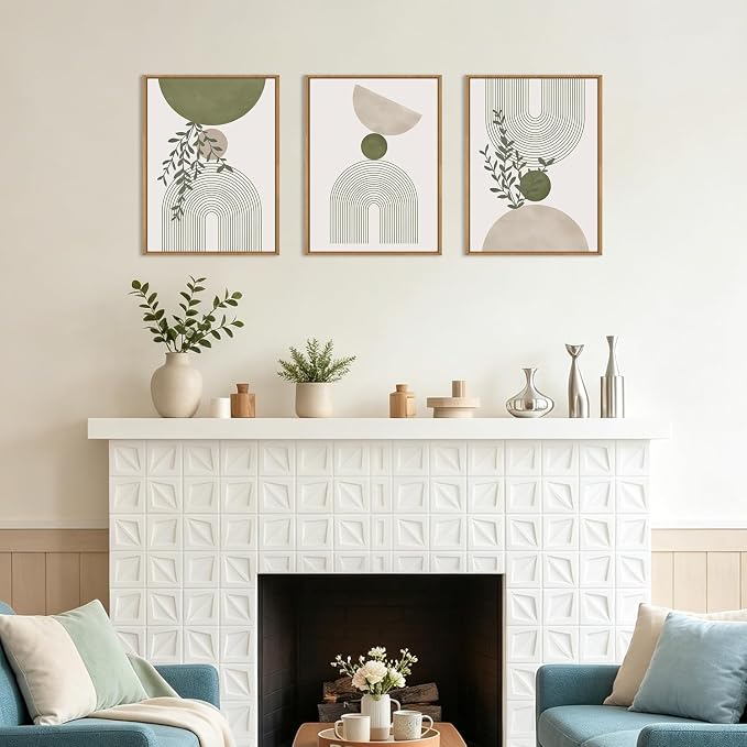 ANHUIB Boho Abstract Wall Art Canvas,Sage Green Wall Decor Framed,Geometric Line Art Prints Leaves,Minimalist Artwork Botanical,3 Piece 16x12In Beige Nature Painting for Living Room Bedroom