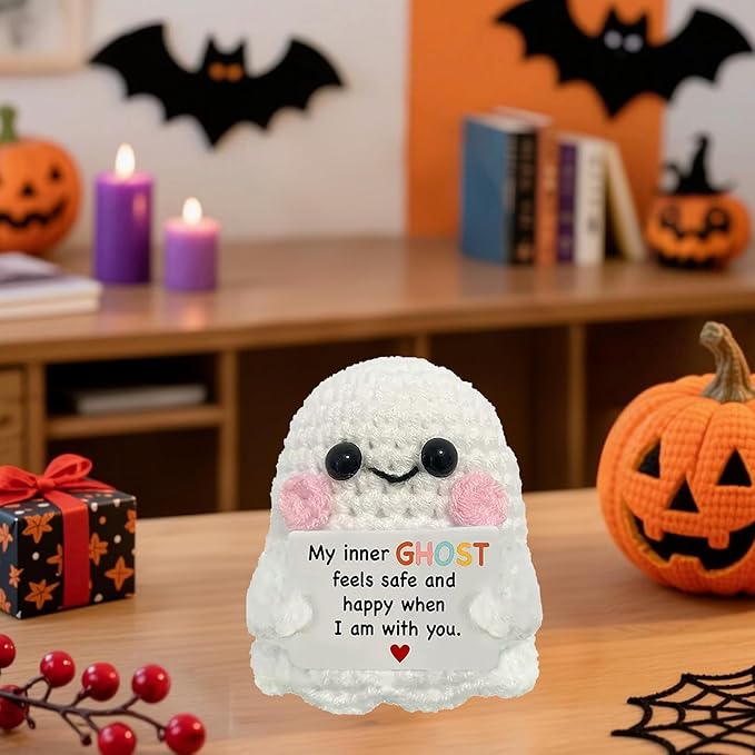 Halloween Handmade Emotional Support Crochet Positive Ghost Crochet Animals Emotional Support Crochet Gift,Inspiring Gifts for Him Her,Men Women, Colleague Son