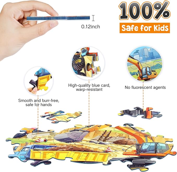 Floor Puzzles for Kids Ages 4-6, Large 70 Piece Construction Puzzles for Kids Ages 6-8 with Excavator Bulldozer Forklift Dumper Truck, Building Site Educational Toy Gifts for Boys Girls Children