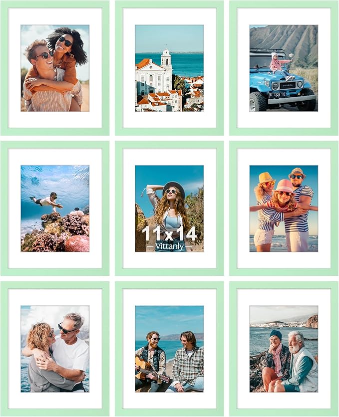 Vittanly 11x14 Picture Frames Set of 9 for Wall Mounting, Light Green | Display Pictures 8x10 with Mat or 11x14 without Mat, Engineered Wood with Shatter Resistant Plexiglass, Gallery Photo Frames