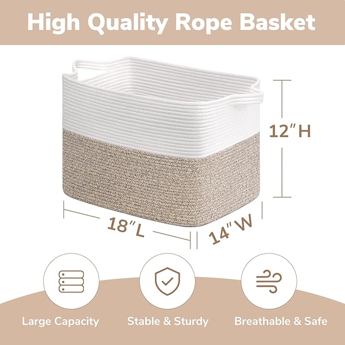 Goodpick 50L Large Woven Storage Basket, 18" x 14" x 12", Light Brown | Decorative Gift Basket for Nursery & Bedroom Organization, Cotton Rope Baskets for Blankets & Toys Storage, Built-In Handles
