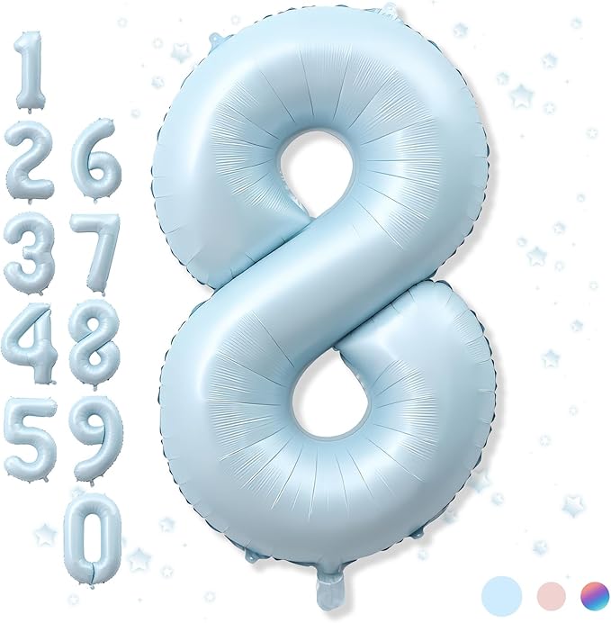 Foil 8 Balloon, Light Matte Blue Big Number 8 Balloons for Boys Birthday Party Decor, 40'' Mylar Helium Self Inflating Number 8 Pastel Baby Blue Balloon for 8th Birthday Party Anniversary Decorations