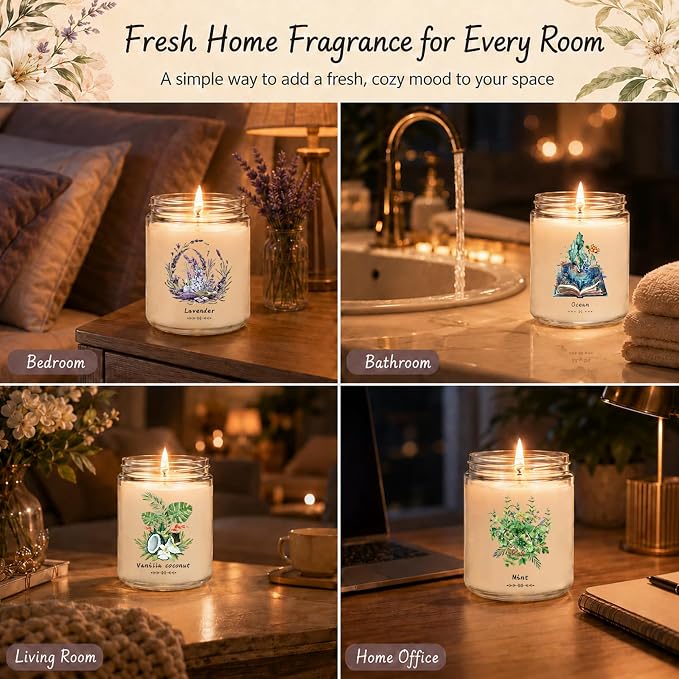 6 Pack Scented Candles Gift Set for Women - Soy Wax Jar Candles | 37.8oz Up to 300 Hours Long Lasting Burn Time, Fresh Scents - Watermelon, Vanilla Coconut, Lavender, Lemon, Mint, Ocean