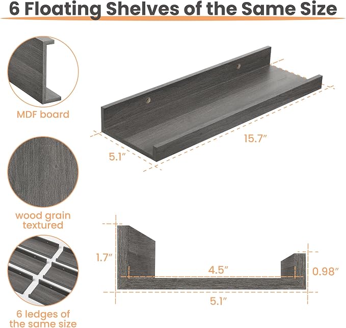 upsimples Floating Shelves for Wall, Wall Shelves for Decor Storage Set of 6, Wall Mounted Wood Shelf for Bedroom, Living Room, Bathroom, Kitchen, Picture Ledge Shelf, Grey
