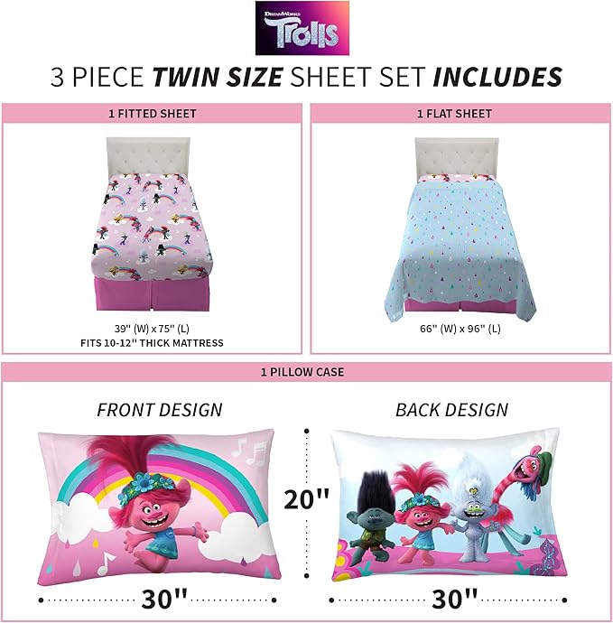 Franco Kids Bedding Super Soft Sheet Set, Twin, Trolls World Tour