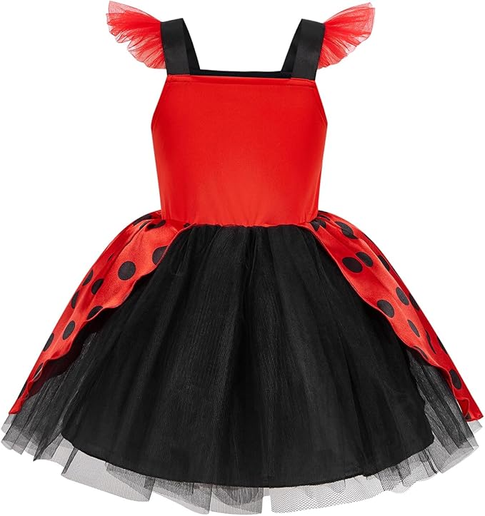 TYHTYM Ladybug Costume for Girls Black Polka Dots Red Ladybird Dress Up Pretend Play Cosplay Halloween Birthday