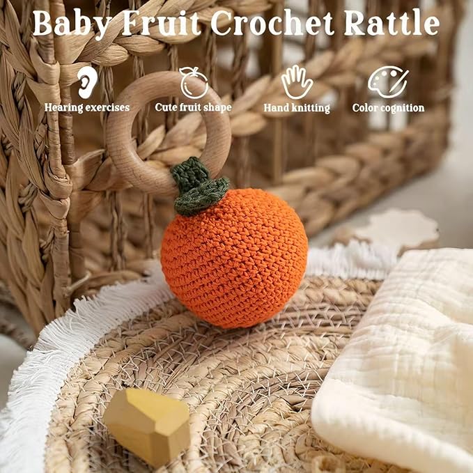 Wooden Baby Rattle Toys Stuffed Crochet Rattle with Teether Ring for Newborn Babies Fruit Wooden Teether Toy Infant Toddler Handcrafted Crochet Rattles Cute Shower Gifts for Boy and Girls