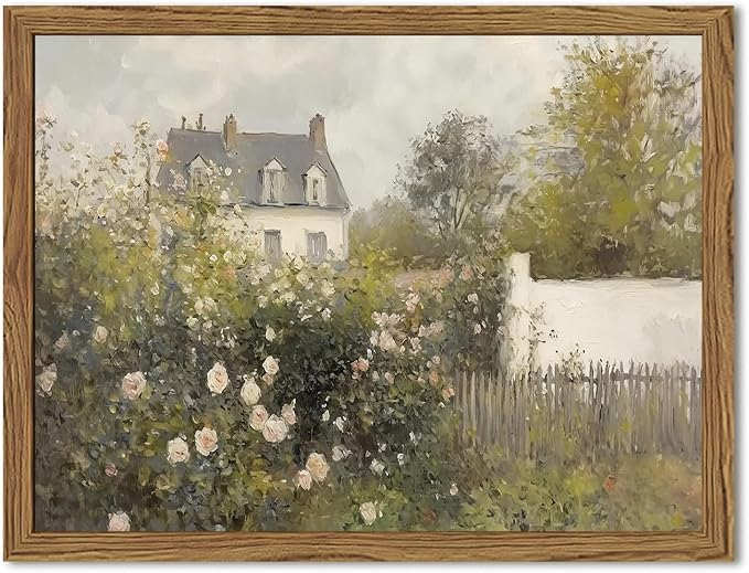 Framed Vintage Wall Art, Cottage Rose Garden Landscape Pictures Wall Decor Paintings, Rustic Spring Farmhouse Canvas Prints Aesthetic Home Decor for Living Room Bedroom Bathroom 8x10 inch