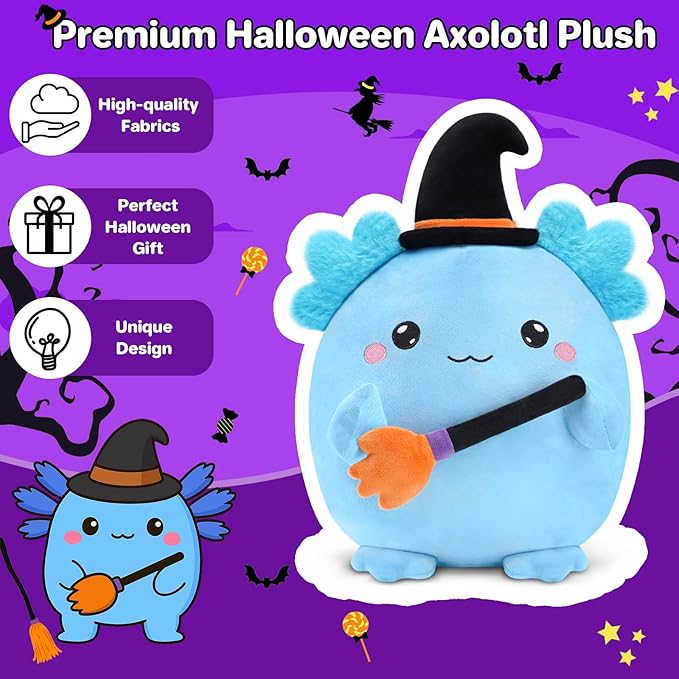 Halloween Axolotl Stuffed Animals, Axolotl Witch with Broom Stuffed Plush Halloween Party Gifts for Kids, Girls and Boys（Blue）