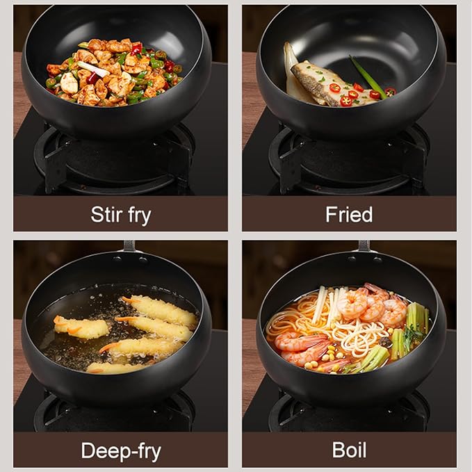 Carbon Steel Wok Pan, 10.2 INCH Nonstick Pre-Seasoned Woks & Stir-Fry Pans with Lid, No Chemical Coating Wok Flat Bottom Small Handmade Chinese Wok for Induction, Gas, Electric & All Stoves