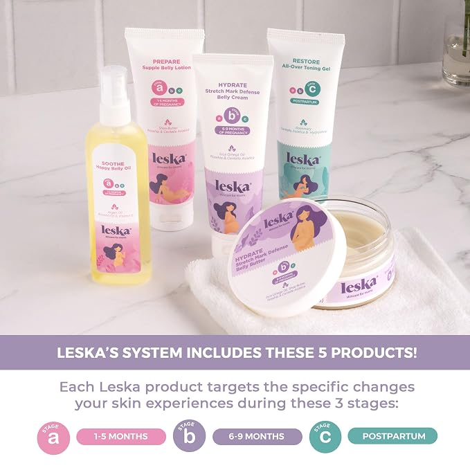Leska Maternity Gift Set | Belly Lotion, Belly Oil, Stretch Mark Defense Cream & Belly Butter, Toning Gel | All-Stages Skincare for Pregnancy & Postpartum | New Mom Gifts (Set of 5, 4-4.93oz each)