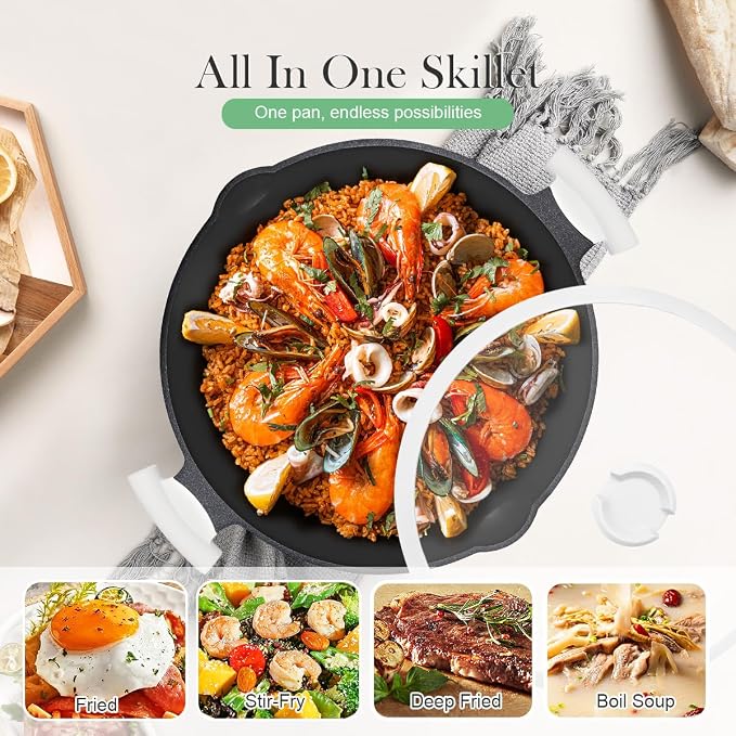 Large Frying Pan Skillet Nonstick with Lid, 14 Inch Deep Saute Pan, Big Induction Pan for Cooking, 2-1 Non Stick Cookware with Helper Handle, Family Size, Suitable for All Stoves, White