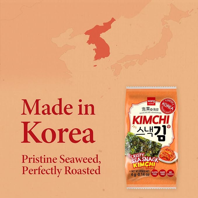 Wang Korean Seaweed Snacks Kimchi Flavor, Crispy Roasted Seaweed Sheets | Healthy Sea Weed Snack, Keto, Vegan, Gluten-Free, Pack of 16