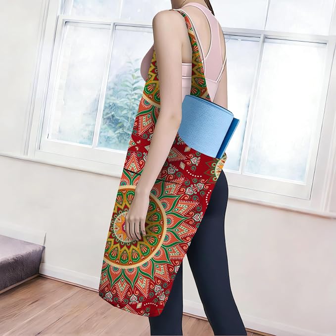 Mandala Yoga Mat Bag with Large Waterproof Zipper Pocket and Drawstring Pocket Long Tote Yoga Mat Carrier Holder Bags Fit Most Size Mats
