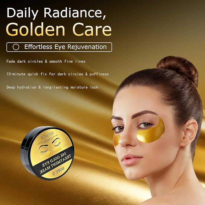 24K Gold Collagen Under Eye Patches – Hydrogel Masks for Dark Circles, Puffiness & Wrinkles – Brightening Anti-Aging Eye Gels, Moisturizing for All Skin (60 Pairs)