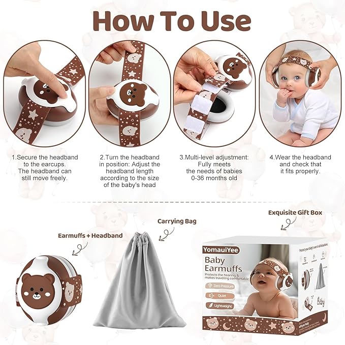 Baby Ear Protection,Bear Infant Headphones Noise Cancelling for Infant Hearing Protection Ages 0-36 Months with Adjustable Headband,25dB NRR Baby Earmuffs,Ideal Baby Travel Essentials for Sleep