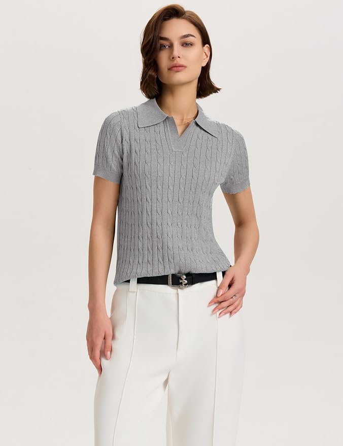 Micoson Womens Short Sleeve Sweater Tops Lapel V Neck Polo Shirts 2026 | Summer Cable Knit Loose Blouses, Business Casual Outfits