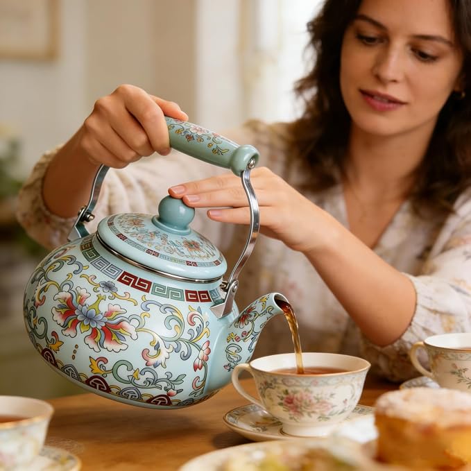 Pumtus 2.6 Quart Floral Enamel Tea Kettle, Vintage Enameled Teapot Stovetop, Enamel on Steel Water Coffee Tea Pot with Ceramic Handle, Colorful Hot Water Kettle for Home Kitchen Decor, No Whistling