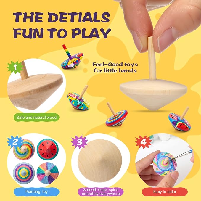 DoubleFill 48 Pcs Bulk End of Year Student Gifts, DIY Unfinished Wooden Spinning Tops for Kids End of Year Craft Kit Teacher to Student Gifts Art Supplies for Classroom Activities Party Favor