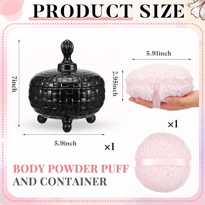 Tioncy 2 Pcs Extra Large Dusting Powder Puff and Container for Women-6'' Glass Crystal Dusting Powder Container with Body Soft Washable Reusable Velour Face(Black,Weave Design)