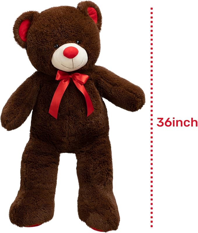 Big Teddy Bear Stuffed Animal Giant Teddy Bear Plush with Red Ribbon Bow Plush Toy Gift for Girlfriend Bride 36 inch Chocolate