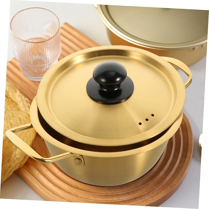Zerodeko 1set Stainless Steel Double-handle Instant Noodle Pot for Soup and Ramen Korean Style Cooking Utensil Lid for Home Office and Camping Use