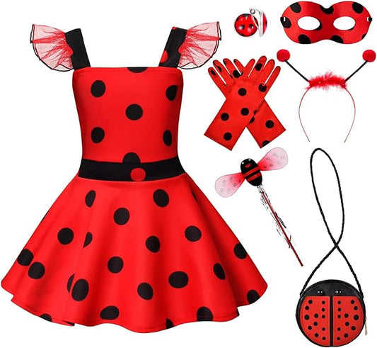 Lady Bug Dress Costume for Girls Polka Dots Tutu Dress Halloween Birthday Dress Up Pretend Play for Kids 3-8