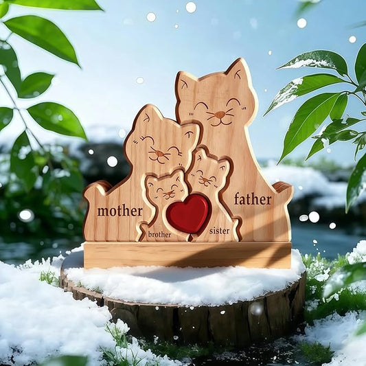 Personalized Wooden Cat Family Puzzle with 2-5 Names - Custom Kittens Art Figurine with Red Heart - Cute Animal Statue Gift for Cat Lover Mom Grandma Birthday Christmas Housewarming Decor