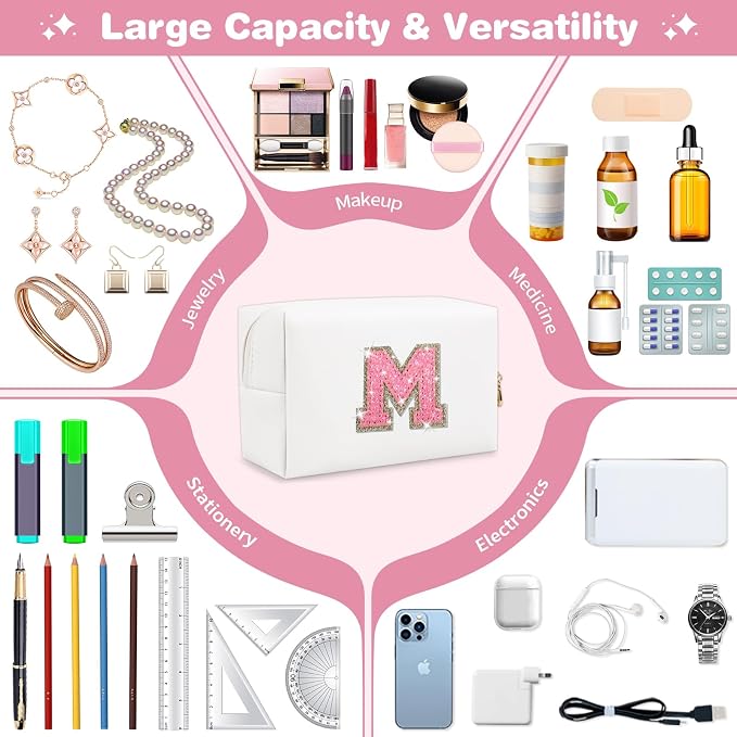 Small Initial Patch Makeup Bag Personalized Gifts Make Up Bag,White Cute PU Leather Glitter Letter Cosmetic Bag with Zipper,Trendy Portable Travel Toiletry Pouch,Preppy Stuff for Teen Girls Women M