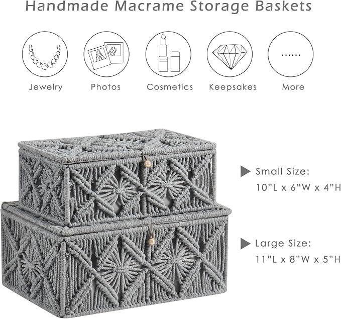2PCS Decorative Boho Storage Basket with Lid Natural Macrame Box | Handmade Cotton Rope Woven Bins, Shelf Desk Organizer Container for Jewelry Memory Keepsake Photo Makeup, Gray, Small&Large