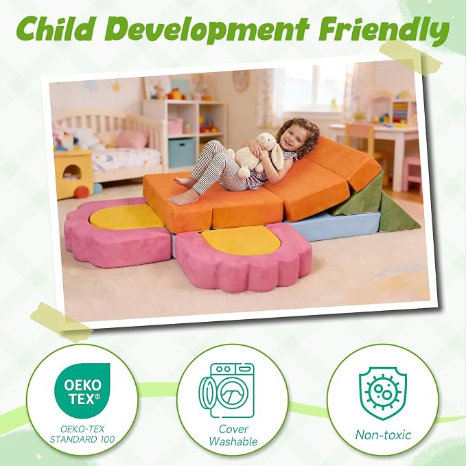 13-Piece Modular Foam Climbing Blocks Set for Toddlers - Floral Soft Play Structure for Indoor Crawling & Climbing Play with Washable Cover for Bedrooms, Playrooms, Daycares and Schools,Multicolor
