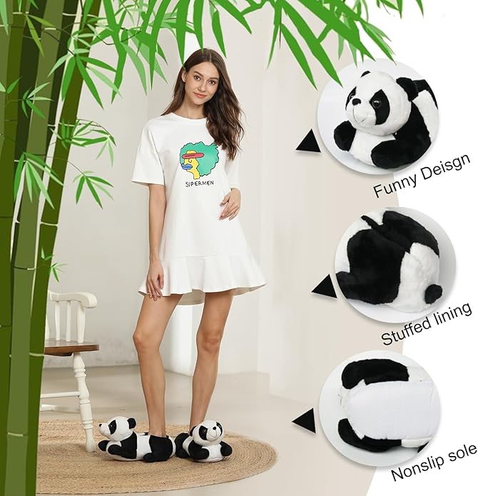 Onmygogo Indoor Fuzzy Winter Animal Panda and Cow Plush Slippers for Adult Women Men Boys Girls Kids
