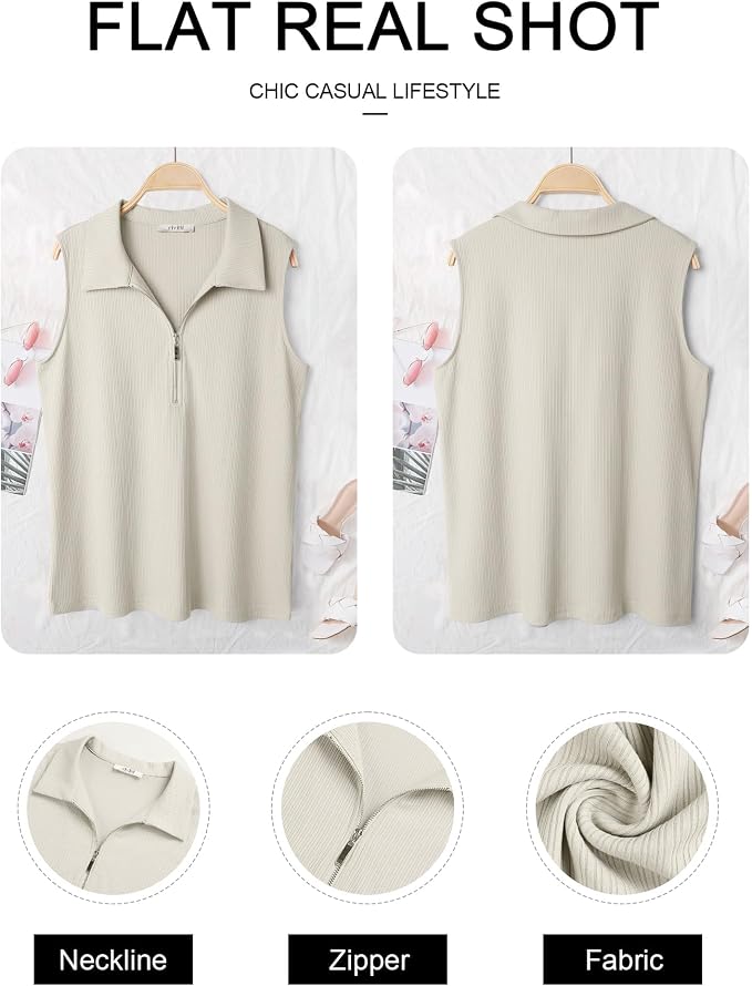 Vivilli Womens Ribbed Tank Top Zipper V Neck Dressy Casual Blouses Sleeveless Camisole Tops Work Tank Polo Shirts