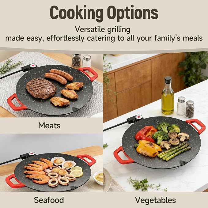 Generic 1500W Electric Korean BBQ Grill, 16 Inch Smokeless Non-Stick Electric Comal, Multifunctional Comal Electrico for Indoor Tortilla Cooking & Grilling, with Oil Brush & Food Tongs. (28cm)