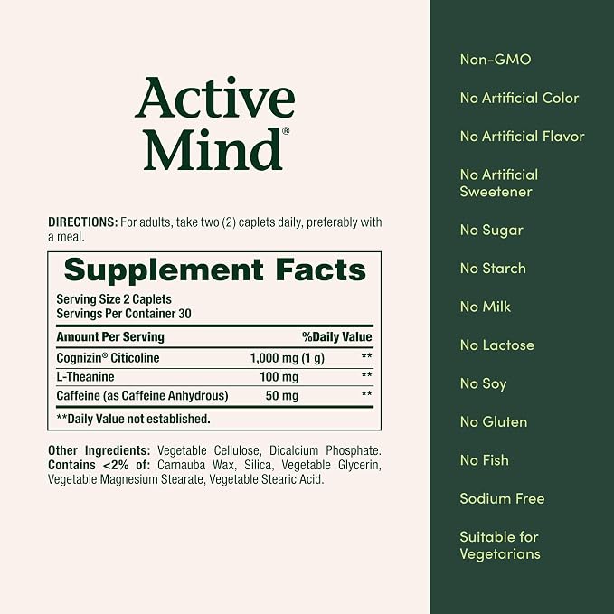 Nature's Bounty Active Mind Dietary Supplement, Supports Focus and Attention, 1000 mg Cognizin with L-Theanine and Caffeine Pills, 60 Caplets