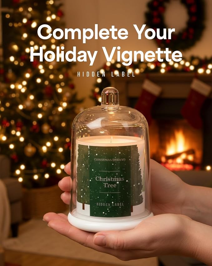 Hidden Label Christmas Tree Candle, 10oz Bell Jar, 60H Soy Wax | Fresh Pine Aromatherapy | Non Toxic Clean Burn | Holiday Gift Ready | Evergreen Forest Scent
