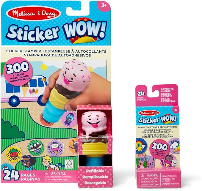 Melissa & Doug Sticker Wow!™ Ice Cream Bundle: 24-Page Activity Book, Refillable Sticker Stamper, Mini Pad, 500 Stickers, Arts and Crafts for Kids Ages 3+