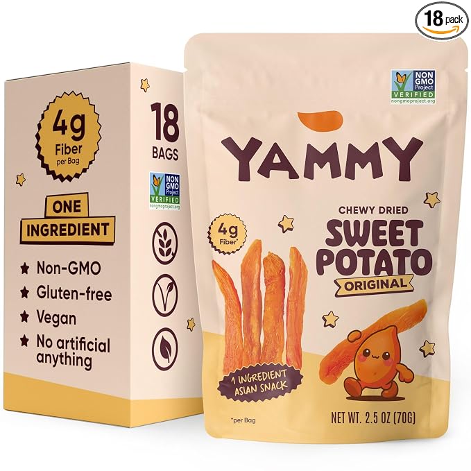 Yammy Chewy Dried Sweet Potato Sticks (18-Pack) - 1 Ingredient Healthy Asian Snack (Japanese, Korean, Chinese Super Food) - Nature's Gummy Candy - No Added Sugar, Vegan, Gluten-Free, 4g Fiber, 2.5oz