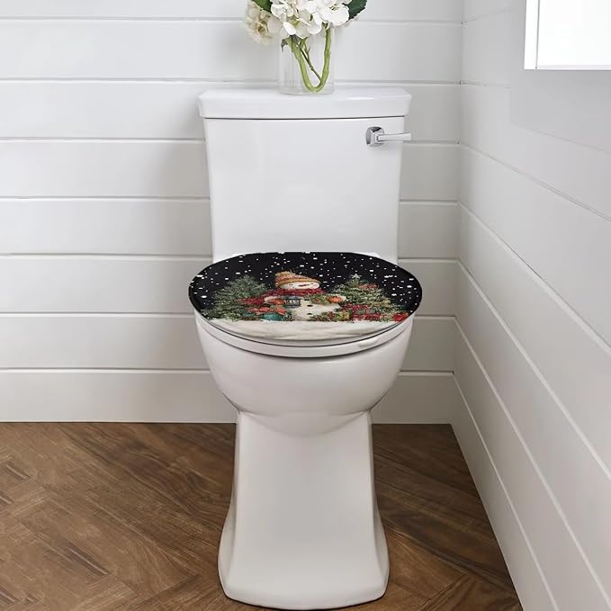 Christmas Snowman Toilet Lid Cover, Flannel Machine Washable Toilet Seat Cover, Comfortable, Soft and Dustproof Toilet Lid Cover