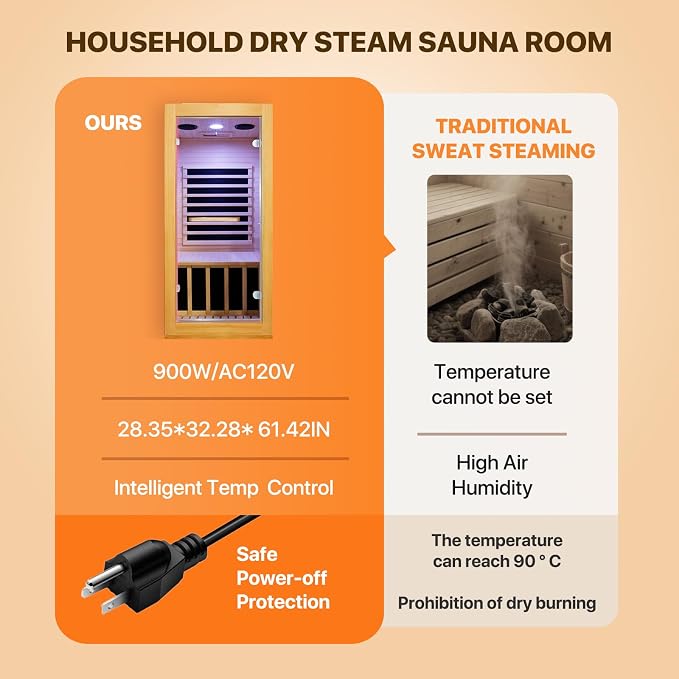 OUTEXER Infrared Sauna Room Indoor Saunas Home Obeche Wood 900W Low-EMF Dry Saunas Single Person Spa with 7 Color Light 32.3 * 28.3 * 61.4 inch