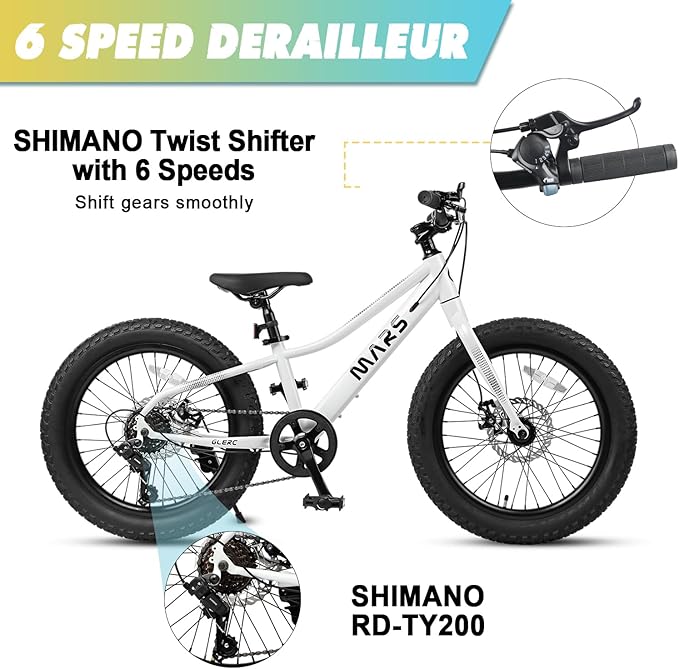 Glerc Mars Kids Mountain Bike, 20 24 Inch Fat Tire Bike for Teen Ages 6-14 Year Old, Bicycle with 2.8-Inch Wide Tires and 6 Speed Drivetrain, Multiple Colors