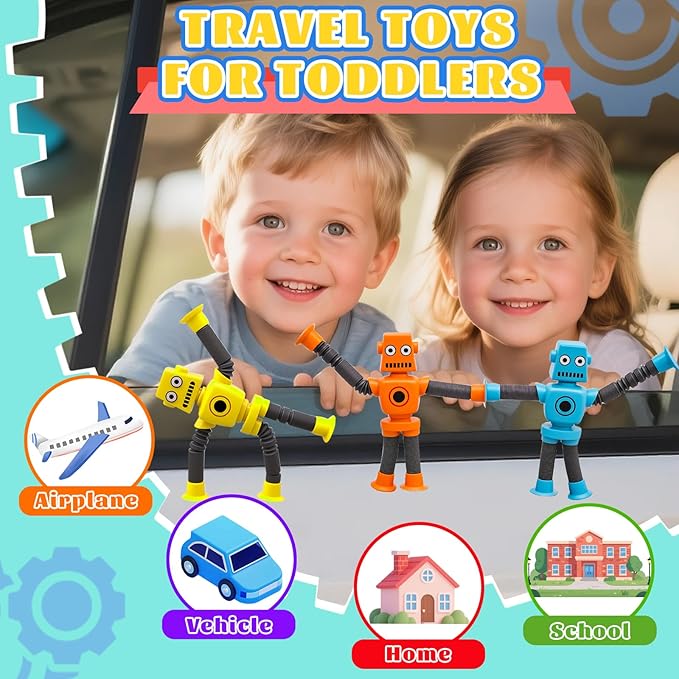 14PCS Suction Cup Pop Tube Sensory Toys, Basket Stocking Stuffer Set for Kids Toddlers, Funny Robot Action Figure Bendable Fidget Toy Gift Birthday Party Favors