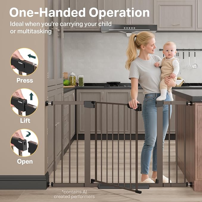 Cumbor 29.7–51.5" Extra Wide Baby Gate for Stairs, Pressure-Mounted Dog Gates for Doorways & Hallways, Auto-Close Walk-Through, No-Trip Design, Child Proof Safety, Dog/Pet Gate for Indoor Use, Brown