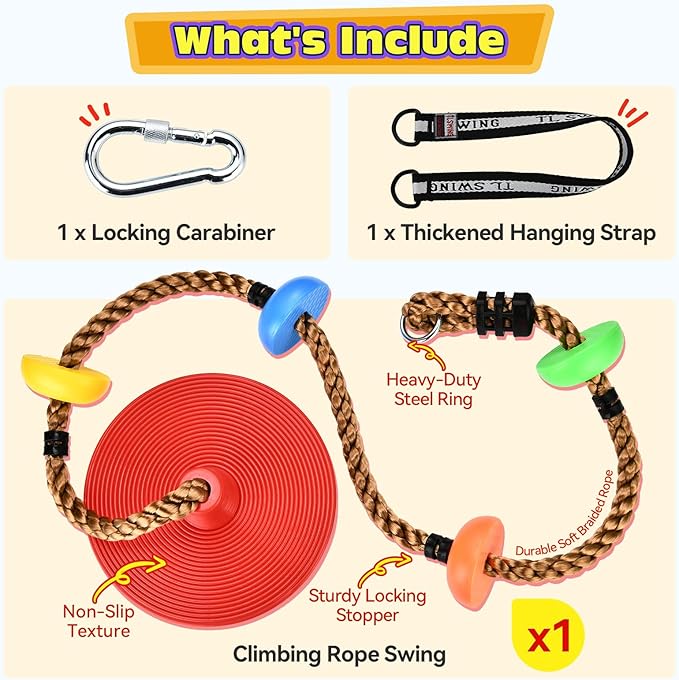 HeyZoo Tree Swing for Kids 330LB Capacity, Climbing Rope with Platforms and Disc Swing Seat Set Outdoor Backyard Playground Accessories with Carabiners and Thickened Strap, Red