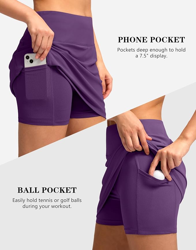 Women's Golf Skirts Skort 4 Side Pockets High Waisted Stretchy Tennis Skirt | Silky Soft, Lightweight, Breathable, Built-in Mesh Shorts, High Waisted, Elastic waistband, Moisture-Wicking, Athletic