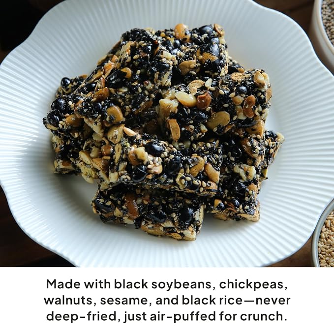 Korean Food Vegan Black Soybean Snack Bar, Grains & Nuts, 24Ct Pack Set | Roasted grains and nuts bound with bellflower, ginger, and rice syrup in convenient snack bars