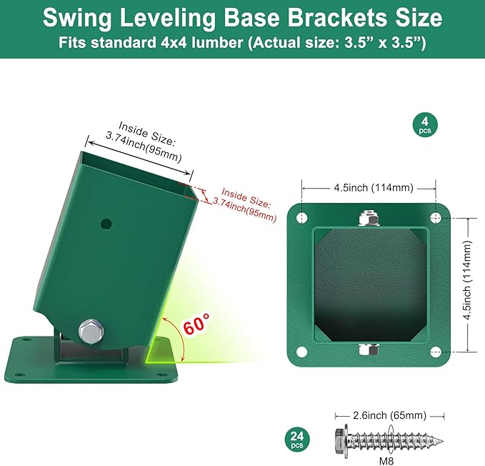 SELEWARE Heavy Duty Swing Set Brackets Including 2 A-Frame Swing Brackets, 4 Swing Leveling Base Brackets, 4 Swing Hangers & 2 Swing Seats, Complete DIY Outdoor Playground Hardware for Backyard, Kids